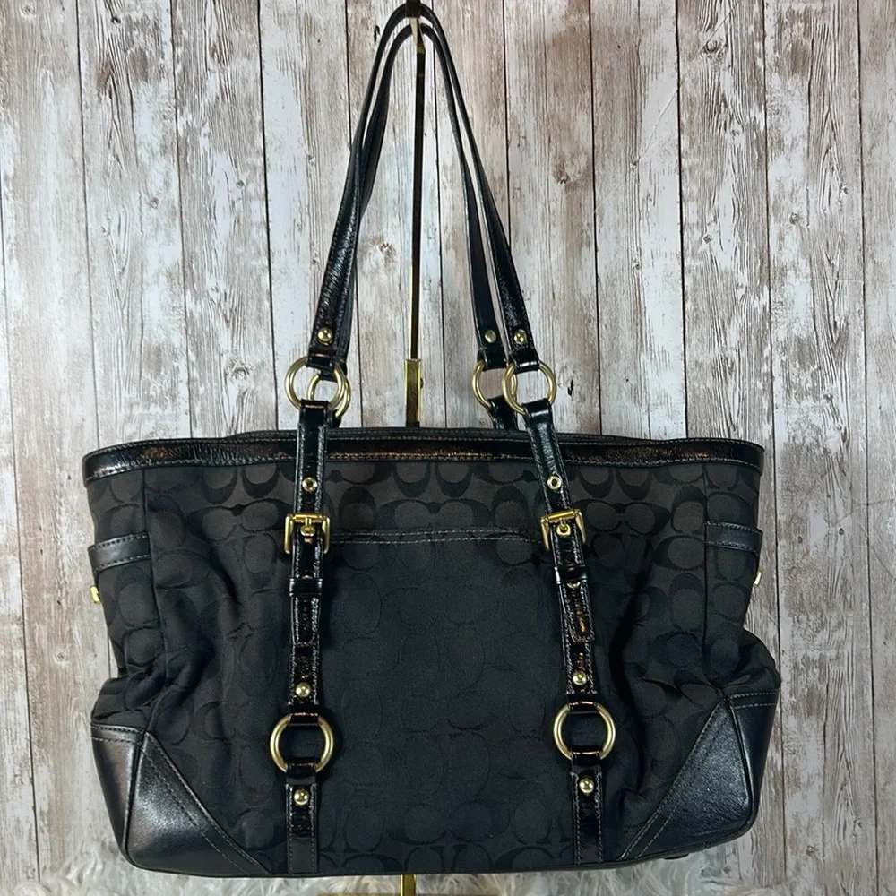 Vintage Coach Black Signature Monogram Shoulder Bag Purse Double Strap Jacquard - Picture 2 of 9